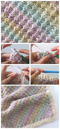 crocheted blanket being worked on with yarn and knitting needles, including the stitchs