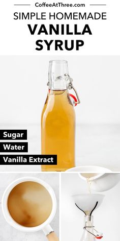 vanilla syrup in a glass bottle with the ingredients to make it and how to use it