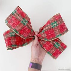 a hand holding a red and green plaid bow