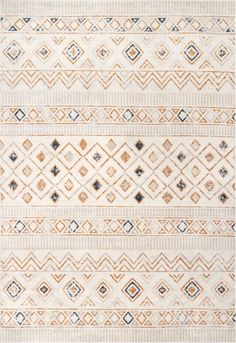 an orange and white rug with geometric designs on the front, two rows of lines