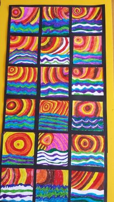 an art project made out of colored paper and black squares with colorful swirls on them