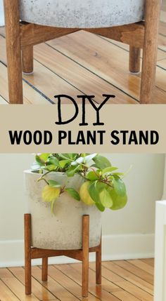 a diy wood plant stand with plants in it and text overlay that reads diy wood plant stand