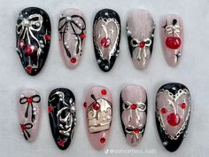 Goth Valentines Day Nails, Red Black Nails Designs, Disco Ball Nails, Anime Nails