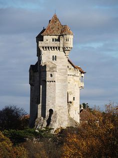 an old stone tower with a clock on it's side in the middle of trees