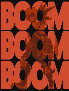 a poster with the words boom boom and an image of a man in red on black