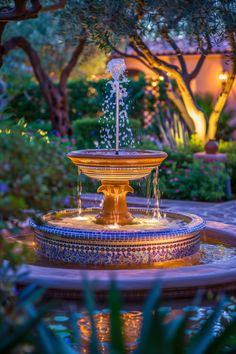 a water fountain in the middle of a garden with trees and bushes around it at night