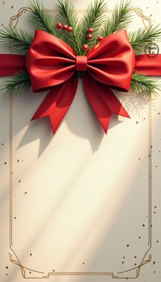 a christmas card with a red bow and pine branches on it's corner, surrounded by golden dots