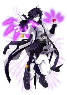 an anime character with black hair and white skin holding a purple object in her hand