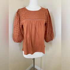 Brand Nwt Never Worn J. Crew Eyelet Blouse With Eyelet 3/4 Sleeves. Lightweight Cotton Perfect With Shorts Or A Skirt. Color: Burnt Orange Fabric: 100% Cotton Size: S Feminine Cotton Puff Sleeve Top For Fall, Cotton Peasant Top With Puff Sleeves For Brunch, Fall Daywear Tops With Balloon Sleeves, Balloon Sleeve Tops For Daywear In Fall, Fall Balloon Sleeve Tops For Daywear, Fall Cotton Puff Sleeve Top With Lantern Sleeves, Cotton Puff Sleeve Top For Fall Day Out, Fall Cotton Blouse With Lantern Sleeves, Cotton Long Sleeve Puff Sleeve Top For Brunch