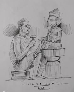 a drawing of a woman sitting next to an alien holding a toothbrush in her hand