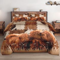 a bed with an animal themed comforter and pillows