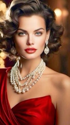 a woman in a red dress with pearls on her necklace