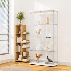 a glass display case filled with lots of different items on top of a hard wood floor