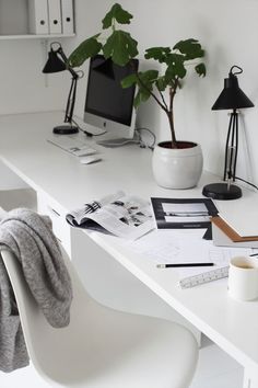 a white desk topped with two computer monitors next to a cup of coffee and a potted plant