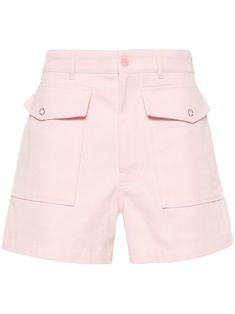 pale pink cotton blend twill weave tonal stitching mid-rise belt loops waist tabs two side inset pockets two front press stud-fastening flap pockets thigh-length logo tag to the rear two rear patch pockets wide leg concealed fly and button fastening Pretty Shorts, Twill Shorts, Versace Outfit, Future Fashion, Espadrille Shoes, Pink Cotton, Sweaters Knitwear, Jean Coat, Short Outfits