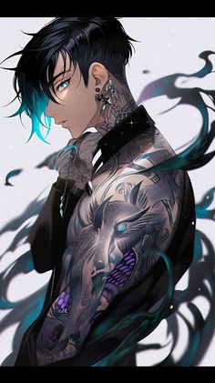 a man with blue hair and tattoos on his body