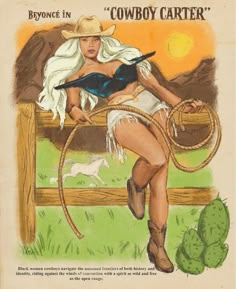 a drawing of a woman with a cowboy hat and lasso in her hand, leaning on a fence