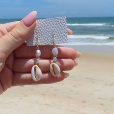 Shell Earrings, Pearl Earrings, Beach Earring, Cowrie Shell, Dangle Drop Earrings, Vacation, Beach, Gold Beachy Gold Dangle Earrings, Single Drop Earring For Vacation, Bohemian Dangle Earrings For Beach, Bohemian Drop Earrings For Vacation, Single Earring For Beach Summer, White Ear Wire Earrings For Holiday, White Holiday Earrings With Ear Wire, Nickel-free Bohemian Earrings For Vacation, Bohemian Nickel-free Earrings For Vacation