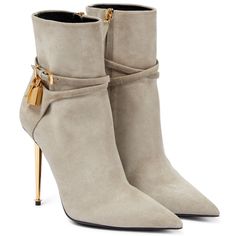 Tom Ford Padlock 105mm Pearl Grey Suede Ankle Strap Pointed Toe Heel Bootie 39 ********** Tom Ford ********** Brand: Tom Ford Size: 39 (Know Your Tom Ford Size) Name: Padlock Color: Pearl Style: Ankle Strap Boot Material: Suede Pointed Front Toe Standing On A 105mm Heel Pearl Grey Suede Fabric Material Adjustable Buckle Ankle Strap Gold Padlock And Key On Ankle Thin Gold Metal Stiletto Back Heel Leather Outsole Brand New In Box, Comes With Box And Dust Bag 100% Authentic Or Your Money Back Great Tom Ford Boots, Metal Heels, Tom Ford Shoes, Black Leather Knee High Boots, Boots Beige, Shoes Heels Classy, Leather Knee High Boots, Boot Straps, Closet Size