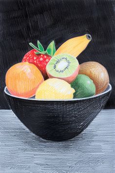 a drawing of fruit in a black bowl on a wooden table with a gray background