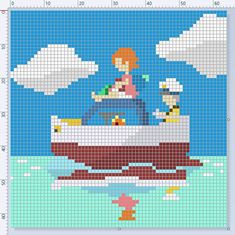 a pixellated image of a woman riding on a boat in the ocean