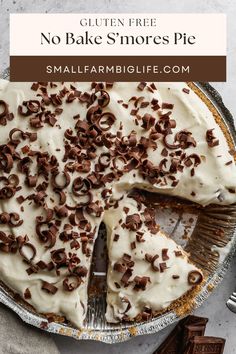 a no bake s'mores pie on a plate with a slice missing