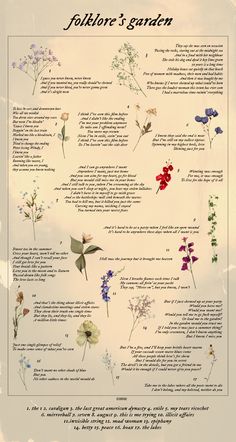 a poster with flowers on it and the words folklore's garden written in english