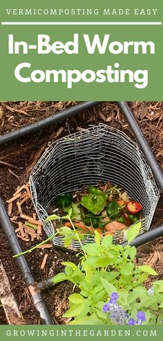 a basket filled with plants sitting on top of the ground next to a metal planter