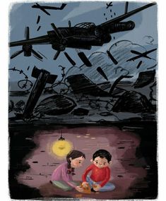 two children are sitting on the ground in front of an airplane that is flying over them