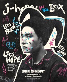 the poster for j - hope in the box, featuring an image of a man with sprinkles on his face