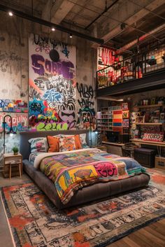 a bed sitting in the middle of a bedroom next to a book shelf filled with books