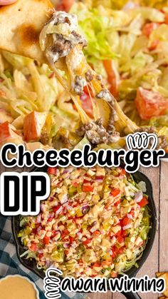 the cheeseburger dip is served in a cast iron skillet and topped with coleslaw