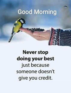 a person holding a bird in their hand with the caption good morning never stop doing your best just because someone doesn't give you credit