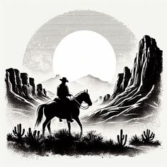 a man riding on the back of a horse in front of mountains and cactus trees