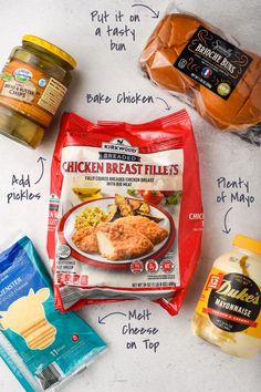 ingredients to make chicken breast fillets laid out on a counter top with labeled labels