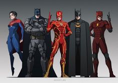 the flash, batman, and other superheros are standing together in front of a gray background