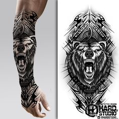 #forearm #graphics #tattoo design #tattoo idea #bng design #bear #animal tattoo #nice tattoo #scull #axe #tattoo idea #hardstudio #pattern Shen Long Tattoo, Stammestattoo Designs, Viking Warrior Tattoos, Warrior Tattoo Sleeve, Viking Tattoo Symbol, Viking Tattoo Sleeve, Bear Tattoo Designs, Wolf Tattoo Sleeve, Forearm Band Tattoos