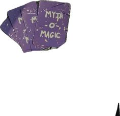 three purple cards with writing on them are in front of two black spires and one is upside down