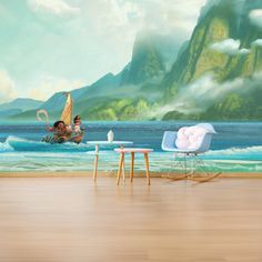 a painting of a man on a surfboard in the ocean with mountains behind him