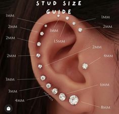 an ear is shown with the size guide for each diamond stud in it's center