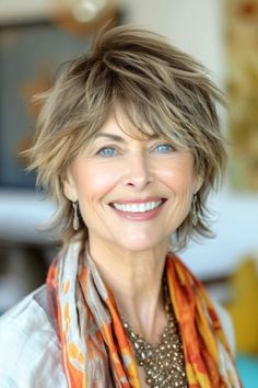 Piecey Feathered Shag Hairstyle on smiling woman in her 60s. Feathered Shag, Older Hair, Shag Hairstyle, Grey Hair And Glasses, Edgy Hairstyles, Pixie Haircuts For Women, Haircuts 2024, Bob Cuts