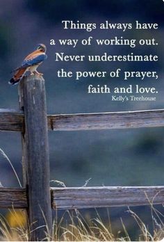 a bird sitting on top of a wooden fence with a quote above it that reads, things always have a way of working out never underestimate the power of prayer