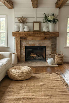 40 Farmhouse Fall Mantel Decor Inspirations for a Warm Season Rustic Fireplace Ideas Farmhouse Style, Wood Mantel On Brick Fireplace, Mantle Ideas Fireplace, Fireplace With Sconces, Cottage Mantle, Fireplace With Shiplap, Mint Green Room, Fireplace Mantel Ideas, Mantel Inspiration