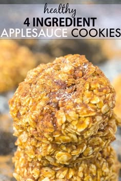 four apple and oatmeal cookies stacked on top of each other with text overlay