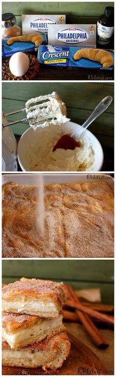 pancakes with powdered sugar and butter on them are shown in three different pictures, one is