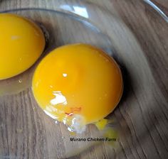 two fried eggs in a glass bowl on a wooden table