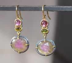 Rose cut watermelon tourmaline are set in silver with gold prong settings. They are suspended from double pink and green tourmaline cabochons set in 22k gold. the ear wire is 18k gold Jewelry 2024, Blue Chalcedony Ring, Jewelry Making Classes, Cut Watermelon, Black Diamond Earrings, Cabochon Earrings, Chalcedony Ring, Ear Earrings, Garnet Earrings