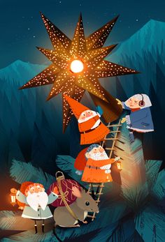 an illustration of santa claus and his elves climbing to the star