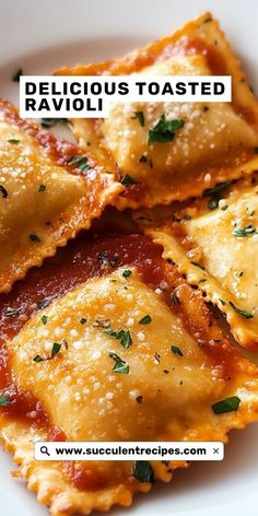 ravioli with sauce and parmesan cheese on a white plate text reads delicious roasted ravioli