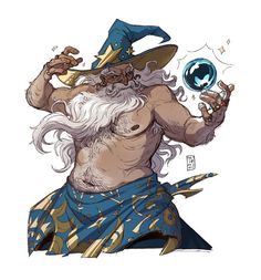 an old wizard holding a crystal ball in one hand and wearing a hat on the other